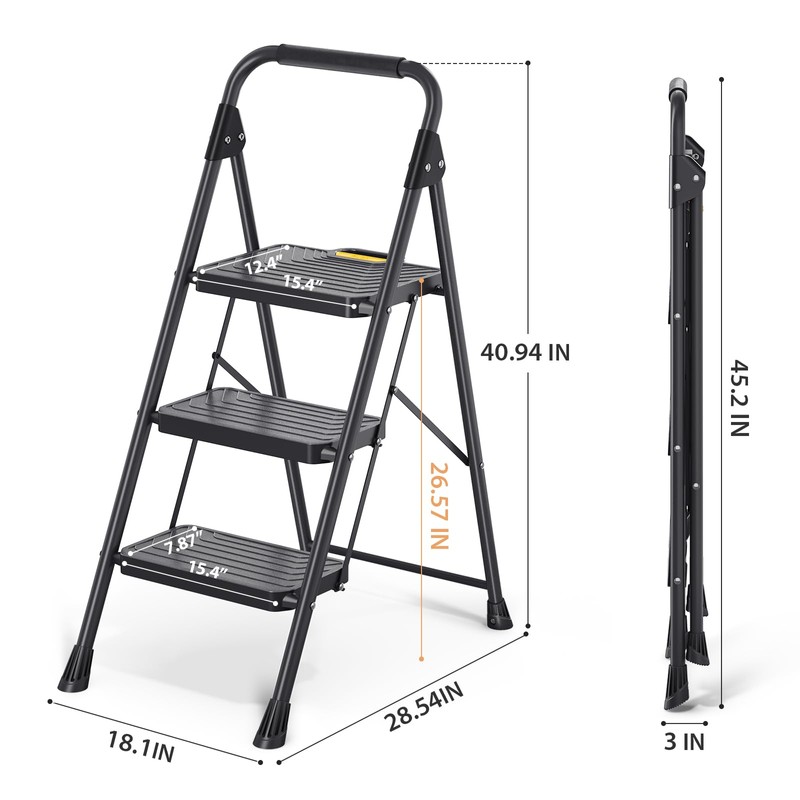 TOOLF 3 Step Ladder, Sturdy Steel Step Stool with Anti-Slip
