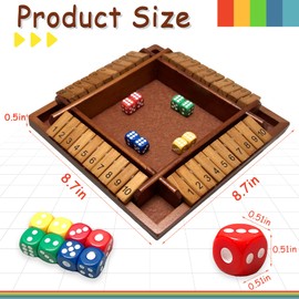 Shut the Box Wooden Board Game – 4 Player 1-10 Numbers Dark Wood Math Game with 8 Dice, Classic Strategy Game for Adults & Kids, Educational Family for Learning Addition, Classroom or Party Toy