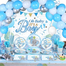 194 Pieces Elephant Party Supplies Kit Elephant Theme Baby Shower Decorations Party Backdrop Banner Tablecloth Tableware Balloons for Baby Gender Reveal Birthday Decor (Boy Style)