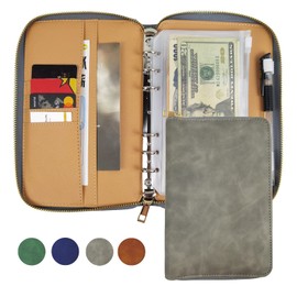 A6 Leather Budget Binder Cash Envelopes System Wallet Budget Planner PU Leather Cover Notebook with Zipper 6 Rings Refillable Money Wallet Organizer for Cash Budgeting and Saving (Grey)