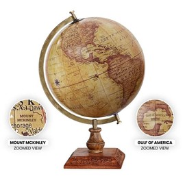 Gulf of America World Globe - Classic Style - Sturdy Wood Base - Gulf of America and Mount McKinley - 12" Globe