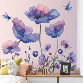 RAINBOW WSK Purple Blue Flower Wall Decals Large Poppy Flower Butterfly Wall Stickers Removable Bouquet Floral Wall Decor for Girls Room Bedroom Living Room MG-C007