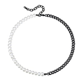 Men's Pearl Necklace Women Half Pearl Half Metal Link Chain Black Cuban Chain Pearls Stands Choker 17"