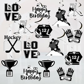 Sursurprise Black Hockey Birthday Decorations, 24PCS Ice Hockey Hanging Swirls Ceiling Streamers for Sports Bday Party Supplies