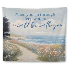 Mcehtle Coastal Ocean Christian Tapestry, Bible Verse Wall Tapestries, Isaiah 43:2 Christian Religious Scripture Wall Hanging Decor for Bedroom Living Room Home Office Church, 50x60 Inch