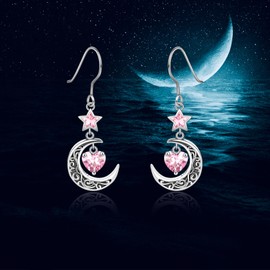 Qings October Tourmaline Birthstone Earrings for Women Sterling Silver 925 Crescent Moon Dangle Celtic Earrings with Heart Zirconia Gemstone Jewelry Gifts for Mother
