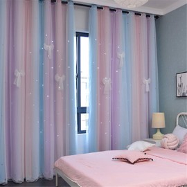 Yancorp Curtains for Girls Bedroom Kids Curtain Hollow-Out Star Window Nursery Curtain 96 inches Length Room Darkening Grommet 2 Layers (Pink Purple Green, W52 X L96)