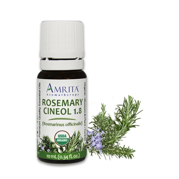 Amrita Aromatherapy Organic Rosemary, Cineol 1.8 Essential Oil, 100% Pure Undiluted Rosemarinus officinalis, Therapeutic Grade, Premium Quality Aromatherapy Oil, Tested & Verified, 10ML