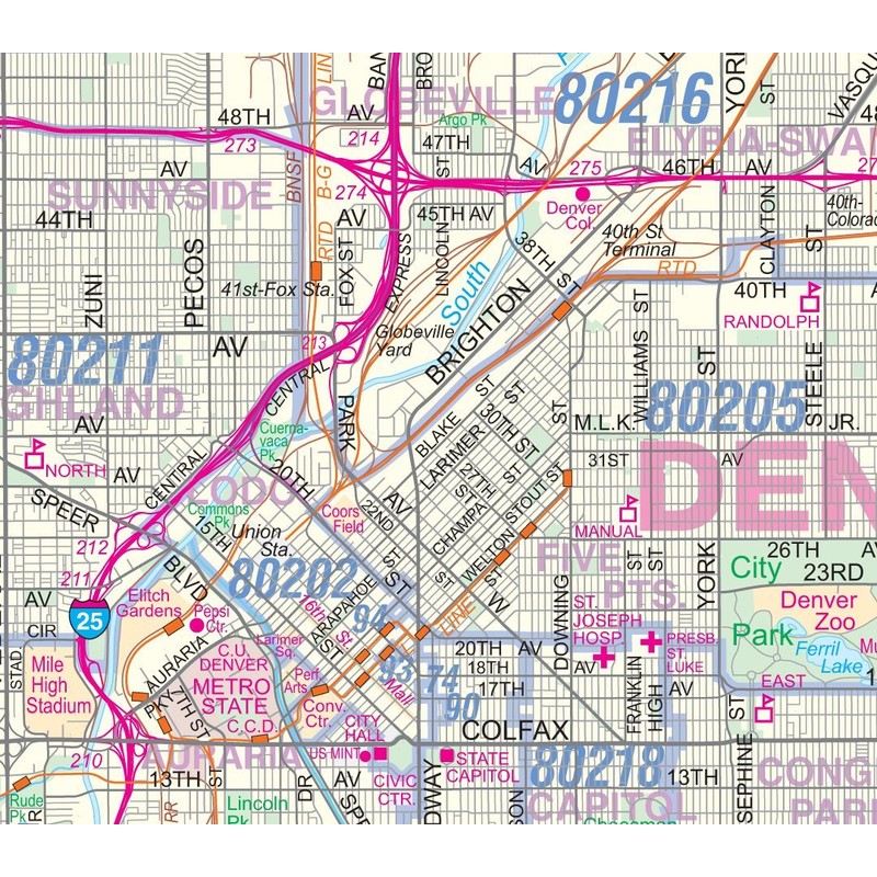 Metro Denver CO Detailed Region Wall Map w/Zip Codes *Laminated*