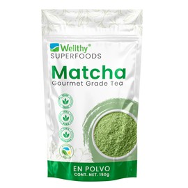 Wellthy Superfoods Té Matcha en Polvo 150g. 75 Porciones Por Envase, Certificado Orgánico, 100 Natural, Excelente para Bebidas Frías o Calientes....  