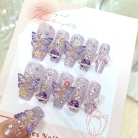Handmade Press on Nails Medium Coffin Fake Nails Purple Nails Press ons Glossy Glue on Nails Cute False Nails with 3D Bow Butterfly Rhinestones Charm Designs Acrylic Stick on Nails for Women 24Pcs