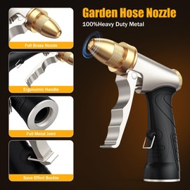 Heavy Duty Brass Garden Hose Nozzle High Pressure Metal Water Spray Nozzle with 4 Adjustable Patterns for Garden Watering, Car Washing & Pet Bathing (Brass)