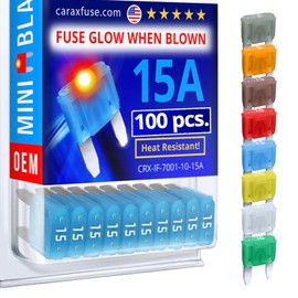 CARAX Glow Fuse – Premium Fuse Mini Blade – 15A Kit 100 pcs – Glow When Blown LED Automotive Fuse – Smart Auto Glow Fuse Easy Identification – 100 pcs