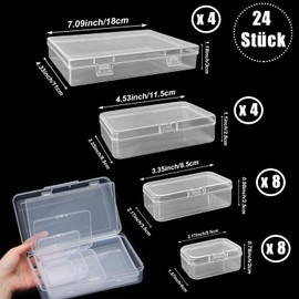 Duscdesp Pack of 24 Rectangular Plastic Boxes with Lids in Mixed Sizes, Mini Transparent Storage Box with Hinged Lid for Art Supplies, Small Items and Other Craft Projects