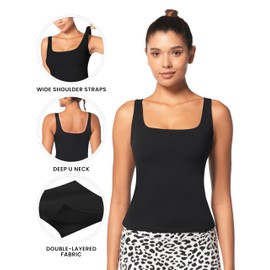 Sunzel Women's Square Neck Tank Top Longline Workout Yoga Sleeveless Double Lined Basic Tight T Shirts Going Out Casual Tops Black Large