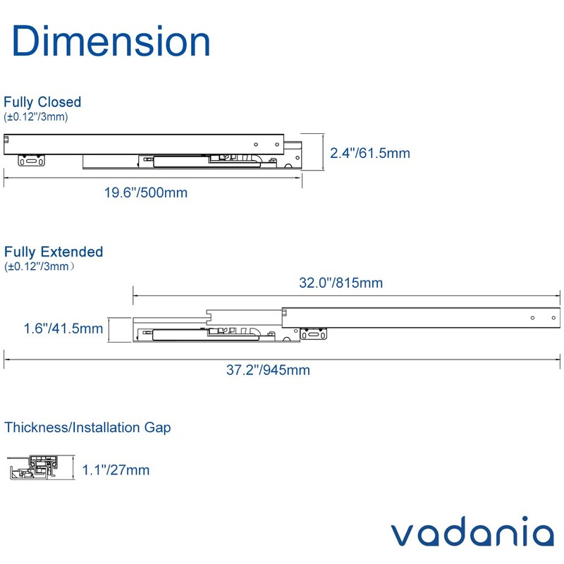 VADANIA 20" Undermount Drawer Slide, Push to Open, Bottom Mounted