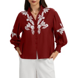 ChiaoLezhee Embroidered Tops for Women, Boho Floral Mexican Blouse, V-Neck Puff Long Sleeve, Button Down Ruched Shirts Casual, Burgundy, Medium