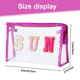 Rthjsfj Clear Preppy Patch Cosmetic Bag, Sun Chenille Letter Bag for Beach, Clear Travel Pouch with Zipper, Small Toiletry Bag for Women Girls Teens Gift (Rose Red)