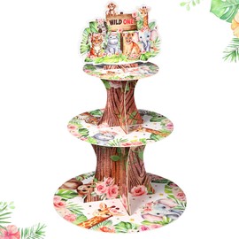 Zopeal Safari Baby Shower Decorations Cupcake Stand Jungle Animal Birthday Cupcake Holder 3 Tiers Pink Floral Wild One Dessert Tower for Kids Jungle Theme Party Supplies