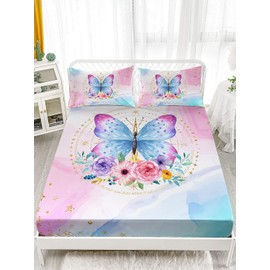 HOSIMA Butterfly Fitted Sheet for Girls,Pink Butterfly Floral Bed Cover Full Sized for Girls Women Bedroom Decor,Golden Star and Colorful Butterfly Pattern Bedding Set,1 Fitted Sheet+2 Pillowcases.