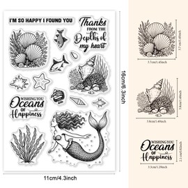 GOMAKERER 1 Sheet Marine Elements Clear Stamp, Ocean Mermaid Rubber Clear Stamps Transparent Silicone Stamps Seal for DIY Scrapbooking Card Making Decoration, 6.3x4.3 Inches