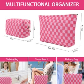 2Pcs Makeup Bag for Women Checkered Cosmetic Bag Set Travel Toiletry Bag Makeup Pouch Cute Makeup Bag for Purse Zipper Storage Bag Brushes Aesthetic Accessories Girls Car Essentials Bag(Rose Red)