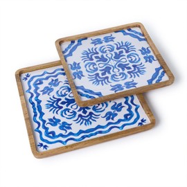 Two's Company Blue Tile Block Print Serving Trays, Set of 2