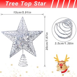 KEYIDO Christmas Tree Star Silver Christmas Star Tree Topper Metal Glitter Xmas Stars for Top of Christmas Tree Decorations Ornaments 15 * 20 cm