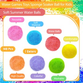 140 Pcs Reusable Water Balls,Water Games Toys Sponge Soaker Balls,Outdoor Water Balloons for Boys,Girls,Summer,Pool,Beach,Party(7 Bright Colors, with Mesh Bag)