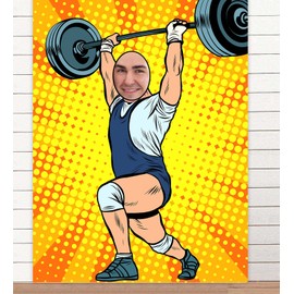 Weight Lifting Banner Pretend Play Party Backdrop Large Weightlifter Face Sports Workout Gym Fitness Theme Decor Decorations for Boys Men Home Gym Party Cross Fit Party Birthday Party Supplies Gift