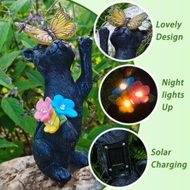 Solar Cat Garden Statue Outdoor - Kitten Butterfly Garden Decor Figurines with Lights for Patio Balcony Yard Art Lawn, Birthday Gifts for Mom Women Grandma (Cat and Butterfly)