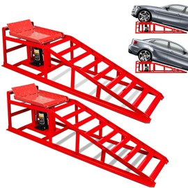 2PCS Hydraulic Car Ramps, 5T 11000lbs Heavy Duty Adjustable Steel Lift Ramps, Hydraulic Vehicle Ramps Lift Ramp for Oil Changes, Car Lifts for Home Garage, Vehicle Auto Garage Repair (Red)