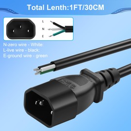 CERRXIAN 3.9 ft IEC 320 C14 Male 3 Pin with Open Wiring Stripped 16AWG Heavy Duty Replacement C14 to Bare Wire Power Supply Cable, Pigtail Open Cable (2)