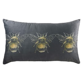 Evans Lichfield Gold Bee Cushion Cover, Velvet, Grey, 30 x 50cm