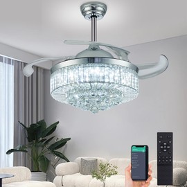 PAFRUMGE 48" Dimmable Fandelier Crystal Ceiling Fans with Lights and Remote, Modern Chandelier Ceiling Fan with Invisible Retractable Blades for Bedroom Living Room Polished Chrome