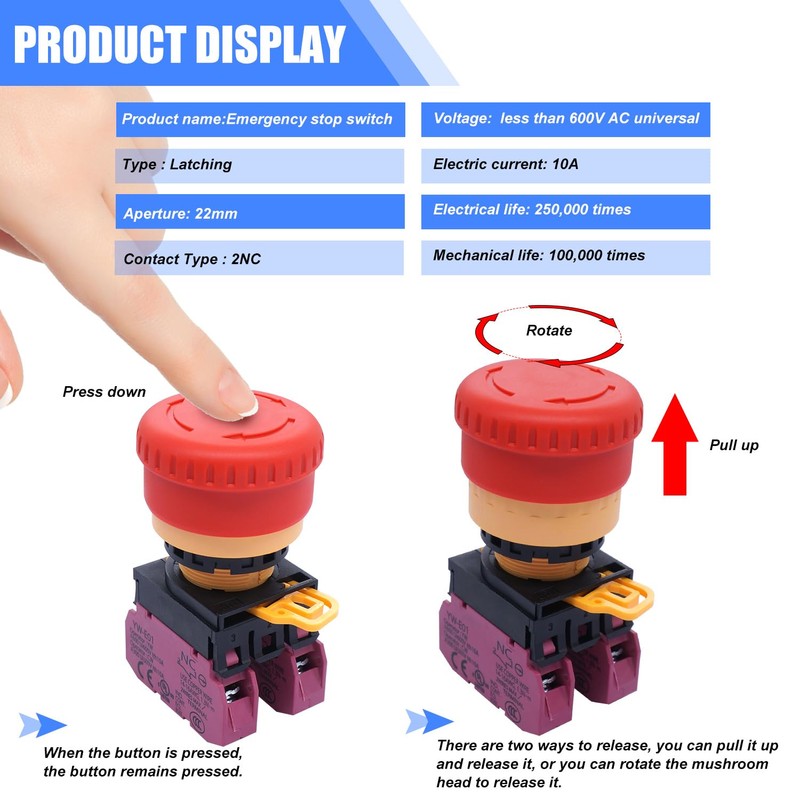 Taiss 22 mm Emergency Stop 2NC Red Mushroom Locking Emergency