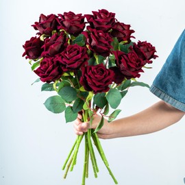 Ttranewsoo Fake Roses Faux Flowers Silk Roses Artificial Roses with Stems 16.5In Realistic Artificial Flowers Suitable for Indoor Home Decoration Diy Bouquet Wedding Decor Party Decor 12PCS(Black red)