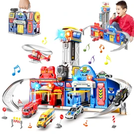 TERRAMUS Kids Toys for 3 4 5 6 Years Old Boys,29.5'' Large City Action Rescue Vehicle Toddler Playset with Lights Sounds,Police & Fire Station Transform Track with 4 Cars Helicopter Gifts for Boy Girl