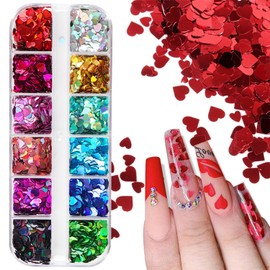 KTAARTR 12 Grids Valentines Day Nail Glitter Flakes Laser Heart Nail Design Valentines Nail Art Glitter Sequins Holographic Glitter Nail Sequins for Women Girls DIY Manicure Glitter Nail Decoration