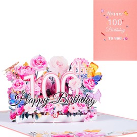 3D Birthday Card for 100th Birthday, Pop Up Card for Age of Age Birthday Party, Flowers Pink, Happy Birthday Greeting Cards, Anniversary Card, Folding Card, with Message Card and Envelope