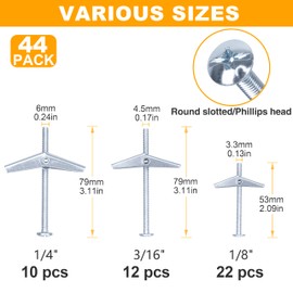 KURUI Hollow Wall Anchors Assorted Kit, 44Pc Heavy Duty Toggle Bolts and Wing Nut Kit, Drywall Anchors Assortment Set, Butterfly Anchors for Hanging Picture Curtain Rod Plant (1/8in, 3/16in, 1/4in)