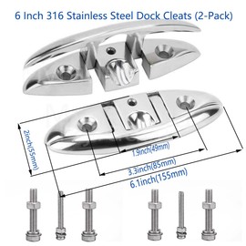 Boat Cleats 5" 6 inch 316 Stainless Steel Folding Cleats - Marine Grade Rope Cleat Flip Up Dock Cleat for Boat, Kayak, Pontoon - 2 Pack with Mounting Screws