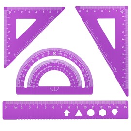 MSDADA Triangle Ruler, Protractor, Square and Ruler Set, 4 Pieces Aluminum Alloy Ruler, Metal Drafting Ruler Kit, Geometric Protractor for Student, School, Home, Office (Purple, 15cm/5.9inch)