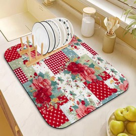 Dish Drying Mat for Kitchen Counter 16x18 Inch, Super Absorbent Dish Drainer Mat, Decorative Microfiber Dishes Drying Pad-Small(Red Flower)