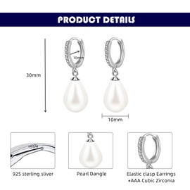 Candyfancy 925 Sterling Silver Pearl Dangle Earrings,Hypoallergenic Teardrop Round Pearl Hoop Earrings,Earring with Sparkly AAA+ Cubic Zirconia,Jewellery Gifts for Ladies Girls