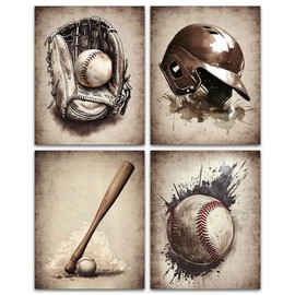 ZOIYINO Baseball Canvas Wall Art Prints,Vintage Brown Baseball Prints,Baseball Prints Boys Room Decor,Baseball Sport,Baseball Wall Decor,for Men Kids Teenagers Set of 4(8”x10”Unframed)