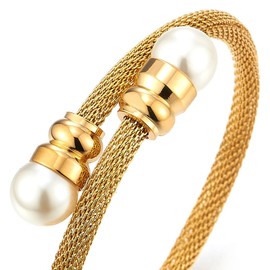 COOLSTEELANDBEYOND Classic Ladies Steel Gold Color Twisted Cable Cuff Bangle Bracelet with Synthetic White Pearl