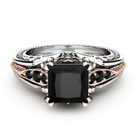 SSZUKOOU Vintage 925 Sterling Silver Black Gem Ring Cocktail Rings Square Cut Black Onyx Marcasite Cubic Anniversary Promise Ring CZ Eternity Engagement Wedding Band Ring Valentine Gift (US 9), US 9, Zirconia,925 Sterling Silver,Gold