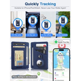 Minimalist Wallet with AirTag Holder Credit Card Holder Slim Wallet for Men, Leather Front Pocket Wallet Compact Small Card Holder Thin Card Case ID Window RFID Blocking Card Organizer (Dark Blue),