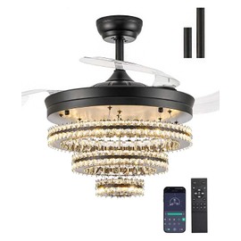 FKZNPJ 42-Inch Chandelier Ceiling Fans with Lights, Luxury Black Crystal Fandelier Ceiling Fan with Light and Remote Control, Quiet DC Motor, 6-Speed Reversible Chandelier Fan for Living Room, Bedroom